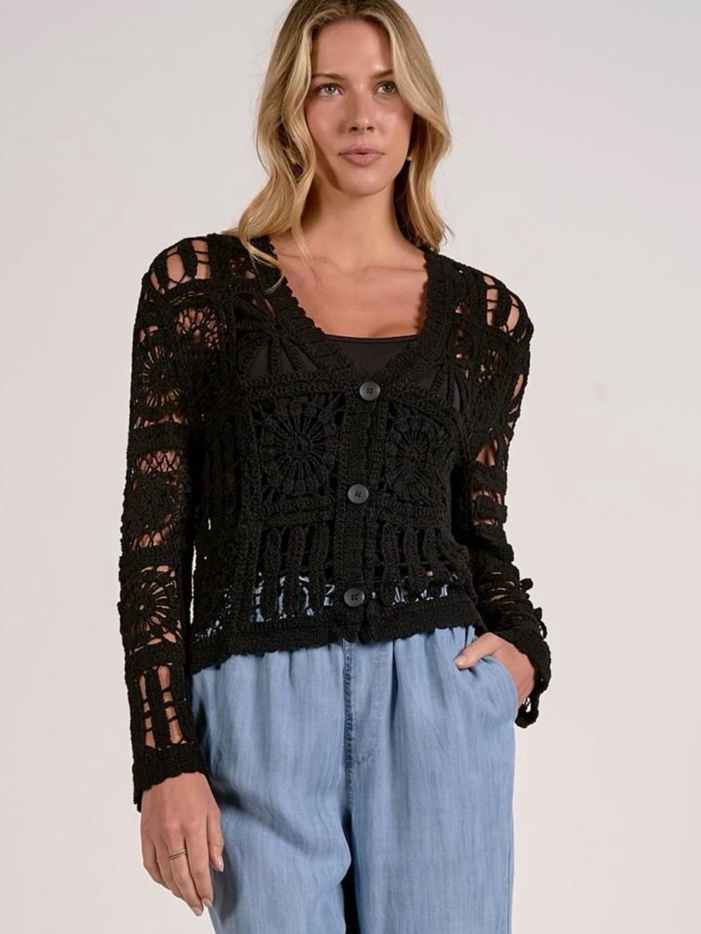 Elan Women's Blake Crochet Cardigan Black size M NWT - Picture 1 of 7